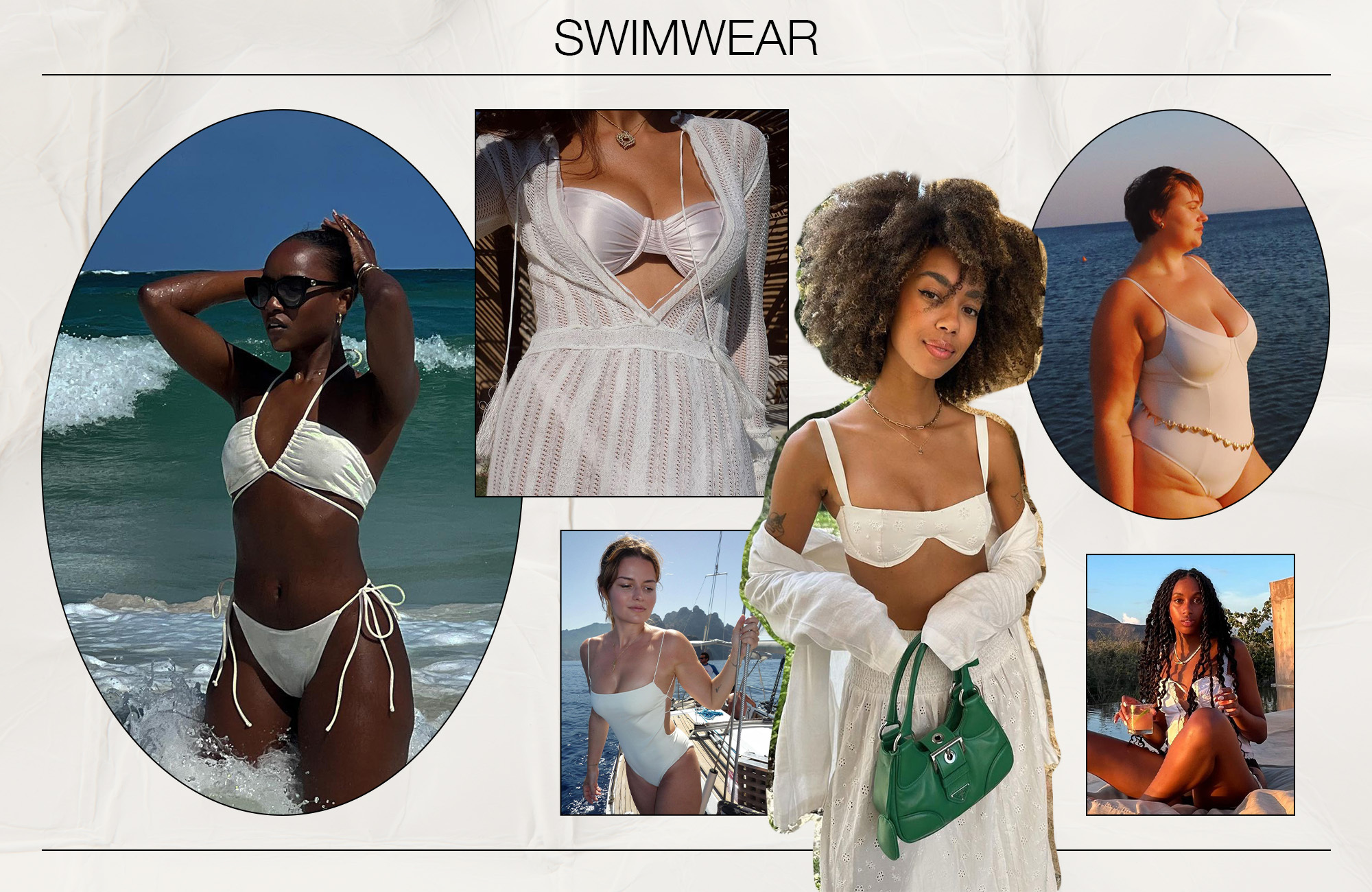 Collage of women in white swimwear