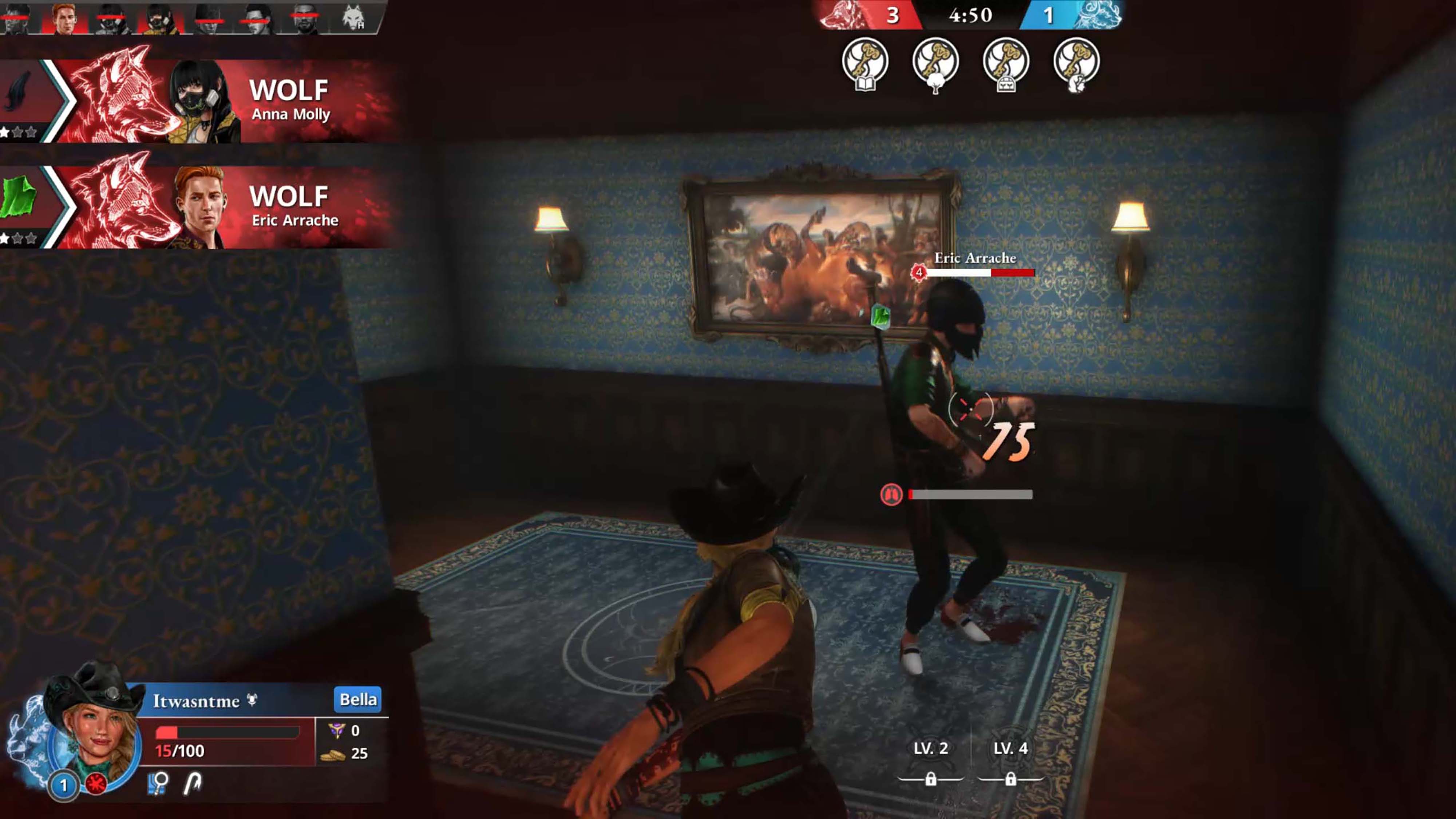 A screenshot from Killer Inn depicting a player attacking a wolf with a crowbar.