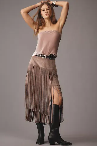 Mare Mare X Anthropologie Faux-Suede Fringe Midi Skirt