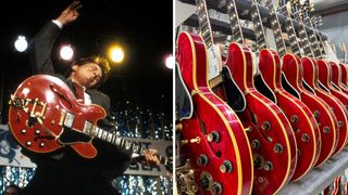 Marty McFly (Michael J Fox) takes to the air with the Gibson ES-345 that has been missing since Back To The Future wrapped in 1985. On the right, a teaser of a forthcoming Gibson replica of the guitar.