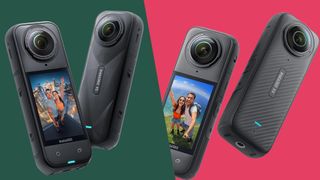 Insta360 X5 alongside Insta360 X4 on split color backdrop
