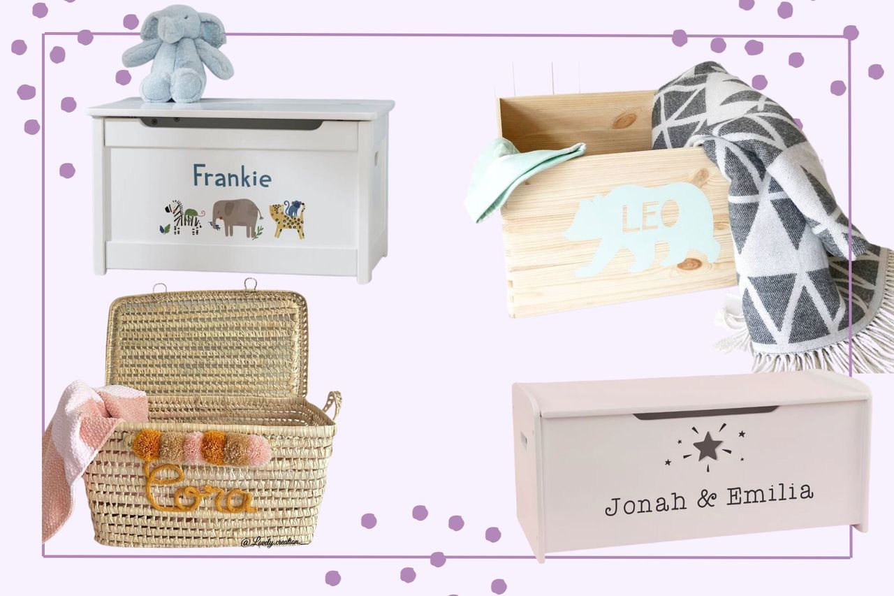 Personalised toy boxes illustrated by montage on purple backround