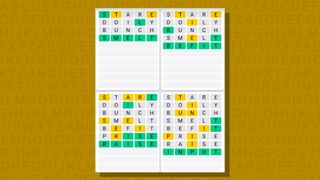 Quordle daily sequence answers for game 669 on a yellow background