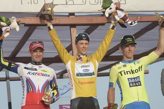 The final podium of the 2015 Tour of Qatar: Alexander Kristoff, Niki Terpstra and Maciej Bodnar