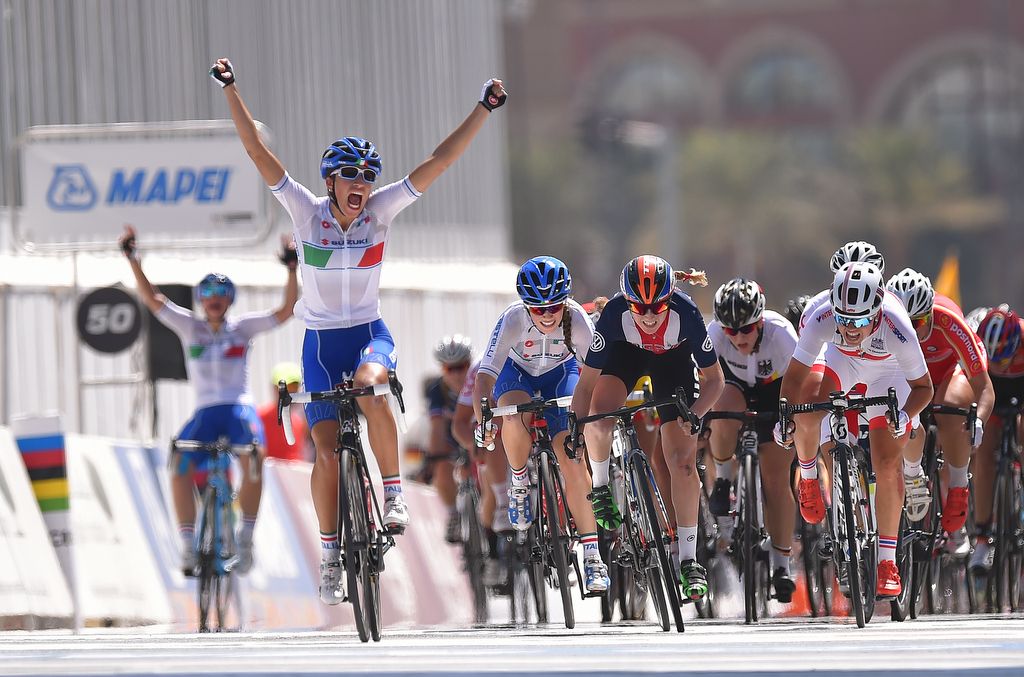 Elisa Balsamo (Italy) celebrates, as does an Italian teammate, her World title
