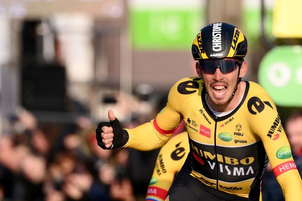 JumboVismas French rider Christophe Laporte celebrates as he crosses the finish line to win the 1st stage of the 80th Paris Nice cycling race 160 km between ManteslaVille and ManteslaVille on March 6 2022 Photo by FRANCK FIFE AFP Photo by FRANCK FIFEAFP via Getty Images