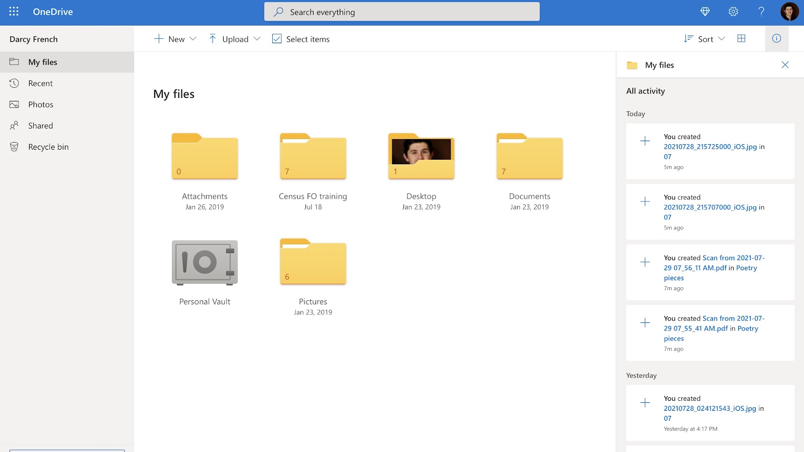 OneDrive's web interface in use