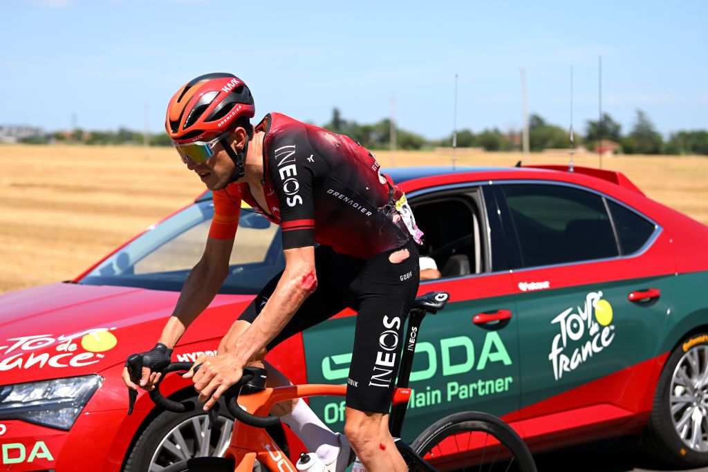 BOLOGNA ITALY JUNE 30 EDITORS NOTE Image depicts graphic content Laurens De Plus of Belgium and Team INEOS Grenadiers injured during the 111th Tour de France 2024 Stage 2 a 1992km stage from Cesenatico to Bologna UCIWT on June 30 2024 in Bologna Italy Photo by Dario BelingheriGetty Images