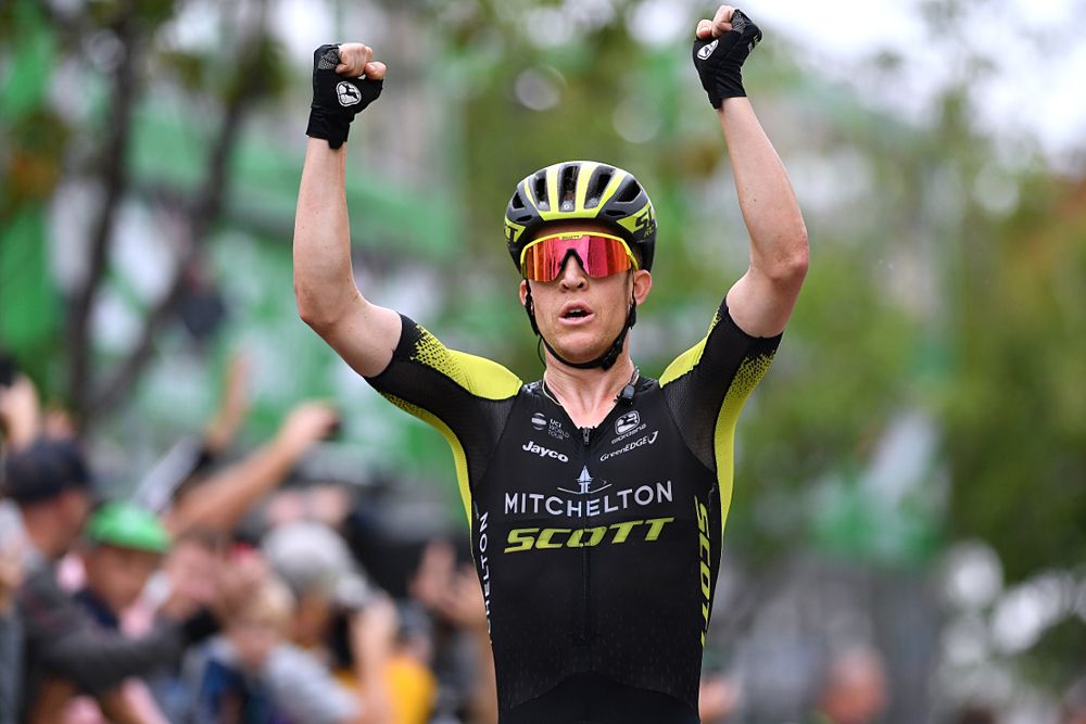 Cameron Meyer (Mitchelton-Scott) wins breakaway sprint during stage 2 in Barnstaple