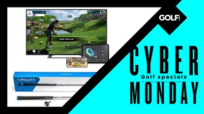 The Phigolf 2 Portable Simulator next to a Cyber Monday golf banner