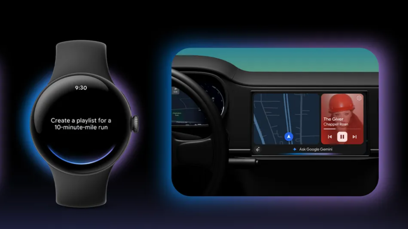 A WearOS smartwatch and car with Android Auto with Gemini support