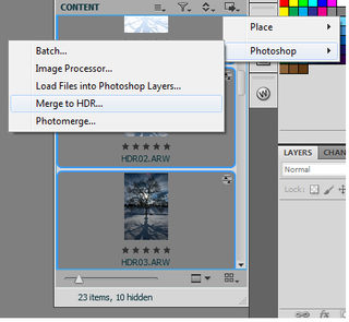 You don’t have to open multiple files individually; the HDR tool is right in the MiniBridge window – and you can set it to automatically stack multiple exposures.