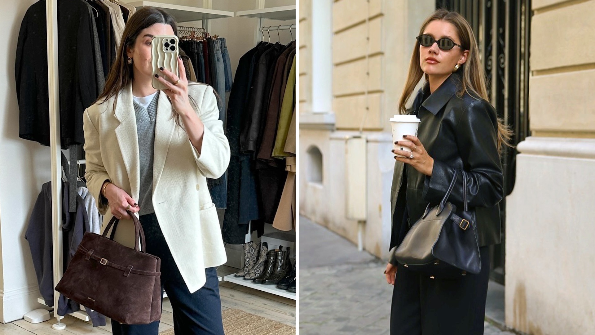 British style influencer Anna Newton poses for a mirror selfie with a brown suede Manu Atelier Le Cambon 35 tote bag and Lovisa Barkman poses in Paris with a black The Row Margaux bag.