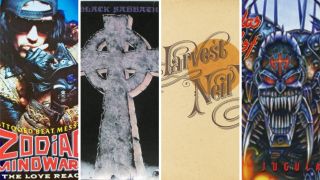 Album covers of Zodiac Mindwarp’s Tattooed Beat Messiah, Black Sabbath’s Headless Cross, Neil Young’s Harvest and Judas Priests Jugulator