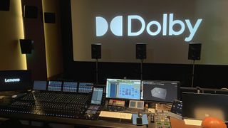 Mixing desk and speakers in a Dolby mixing studio 
