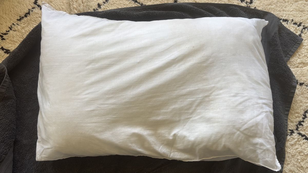 A pillow wrapped in a towel after being put through a hot cycle in the washing machine.