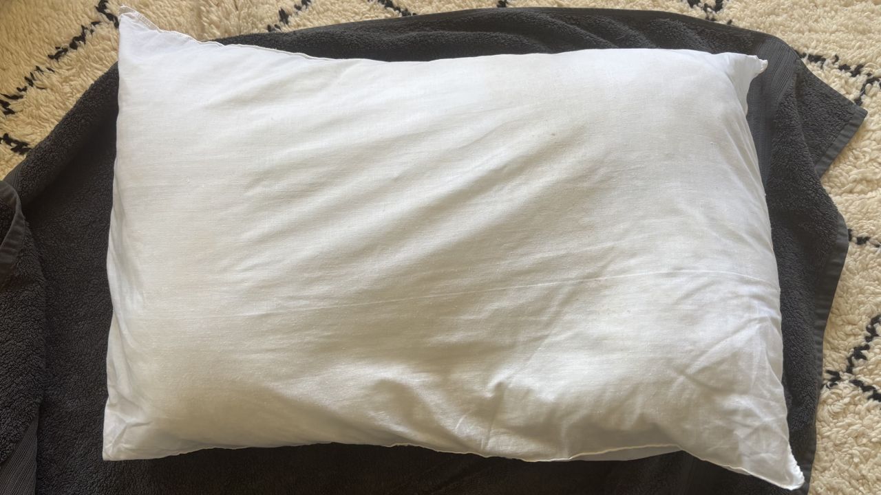 A pillow wrapped in a towel after being put through a hot cycle in the washing machine.