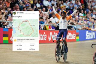 Daniel Abraham celebrating on the track with a clipping from Strava embossed on the picture