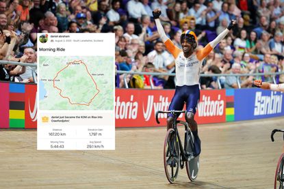Daniel Abraham celebrating on the track with a clipping from Strava embossed on the picture