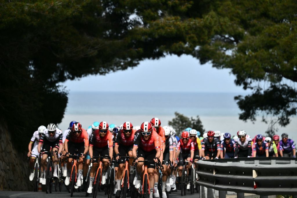 Team Ineos' British rider Geraint Thomas leads the pack along the sea during the Milan - Sanremo one-day classic cycling race, on March 22, 2025. (Photo by Marco BERTORELLO / AFP)