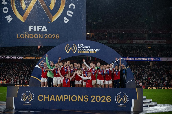 LONDON, ENGLAND - FEBRUARY 1: Player from team of Arsenal, Kim Little and Leah Williamson of Arsenal lift the FIFA Women's Champions Cup trophy after the FIFA Women's Champions Cup 2026 Final match between Arsenal Women FC and SC Corinthians at Arsenal Stadium on February 01, 2026 in London, England.