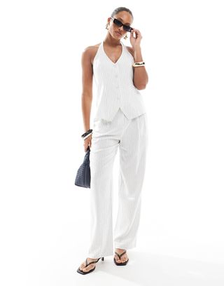 4th & Reckless Tailored Wide Leg Trousers Co-Ord in White Pinstripe