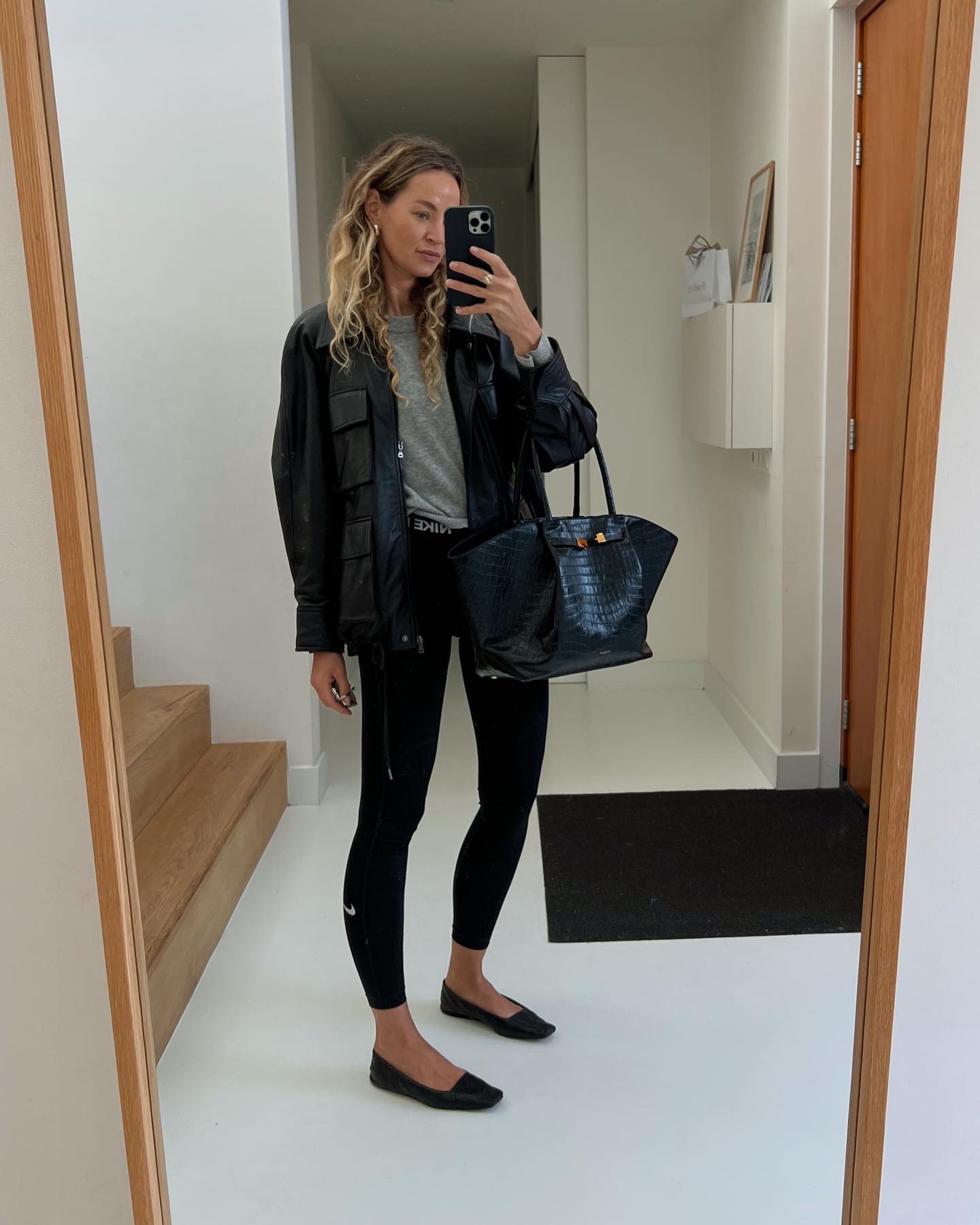 A woman wearing leggings.