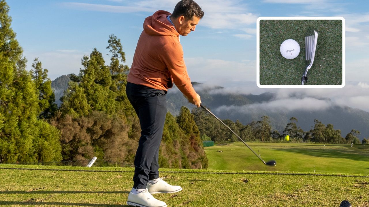 How to stop toe strikes: Sam hitting a tee shot and an inset image of a clubhead address behind the ball