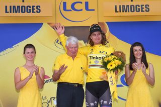Yellow jersey holder Peter Sagan with Raymond Poulidor on the podium in Limoges