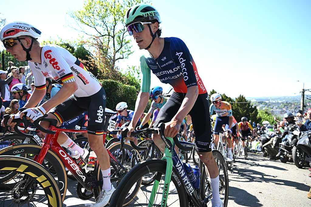 MUR DE HUY, BELGIUM - APRIL 22: Leo Bisiaux of France and Team Decathlon CMA CGM competes climbing to the Mur de Huy (204m) while fans cheer during the 90th La Fleche Wallonne 2026 a 200km one day race from Herstal to Mur de Huy / #UCIWT / on April 22, 2026 in Herstal, Belgium. (Photo by Dario Belingheri/Getty Images)