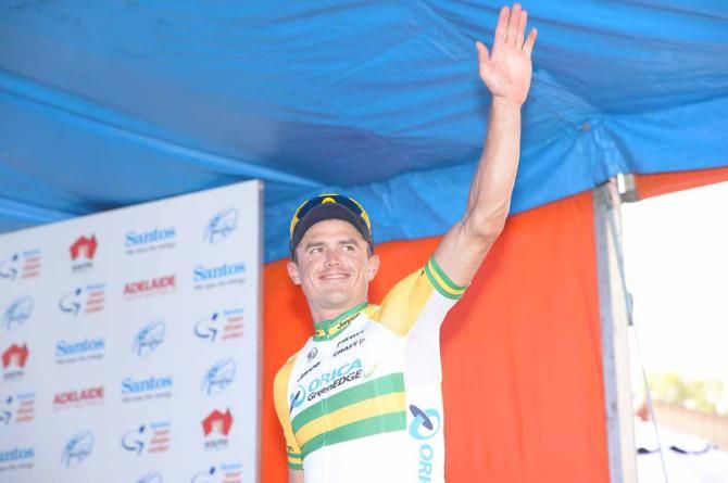Simon Gerrans (Orica-GreenEdge) salutes from the podium in Angaston.