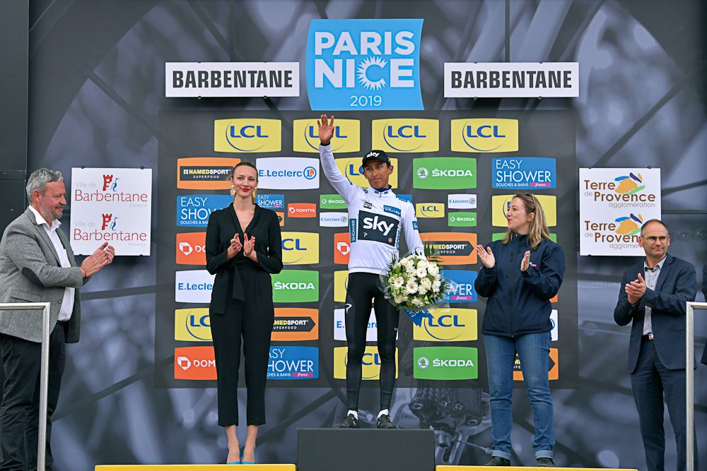 Egan Bernal in the white jersey after stage 5 at Paris-Nice