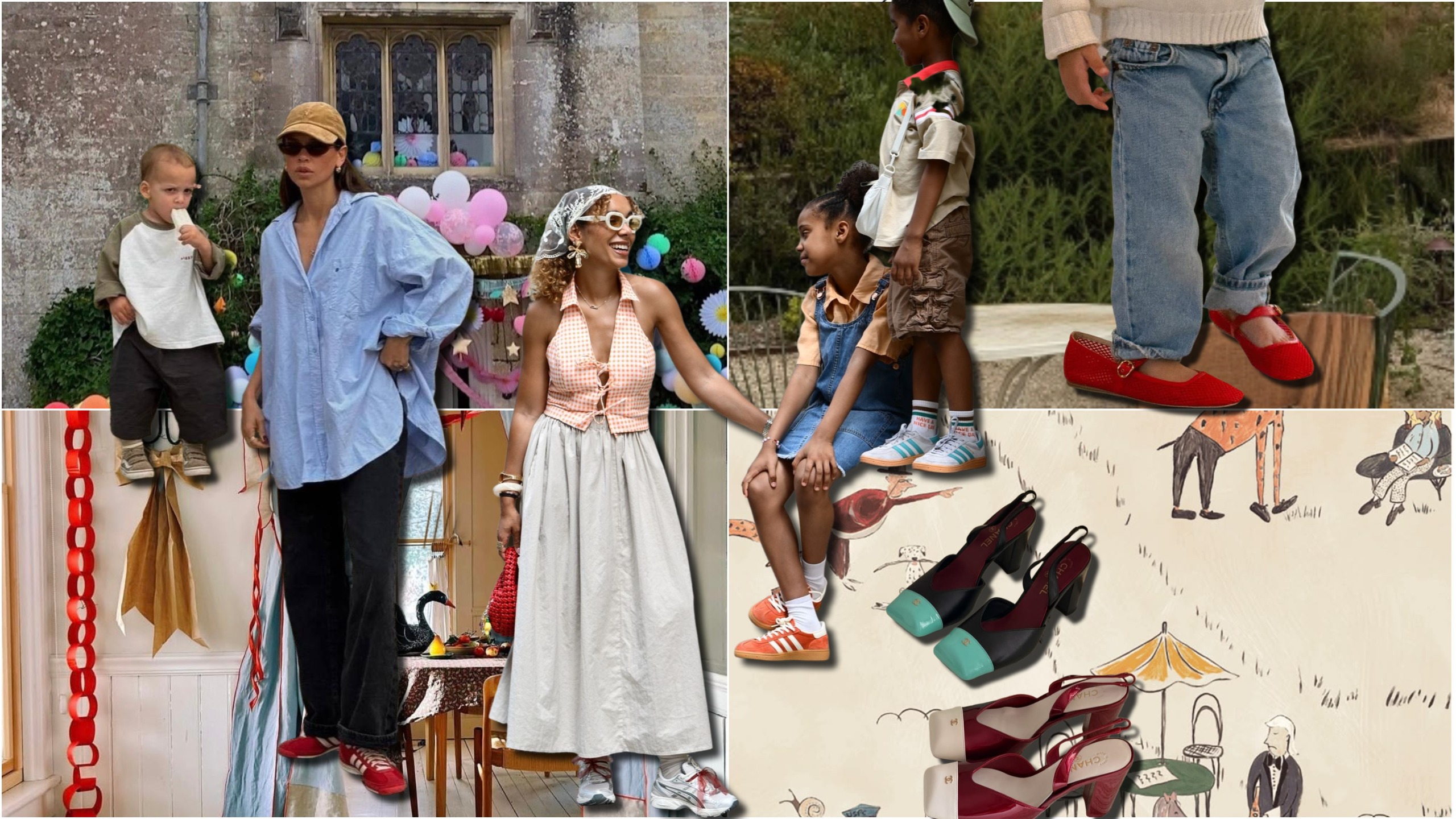Collage of stylish mothers and children at birthday parties, featuring casual outfits, colorful shoes, balloons, and party decorations.