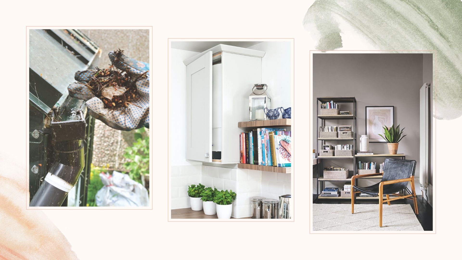 compilation image of home maintenance jobs to do before autumn with gutters being cleaned, a boiler and living room radiator