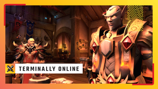 Two characters have a conversation in the Arcantina of World of Warcraft.