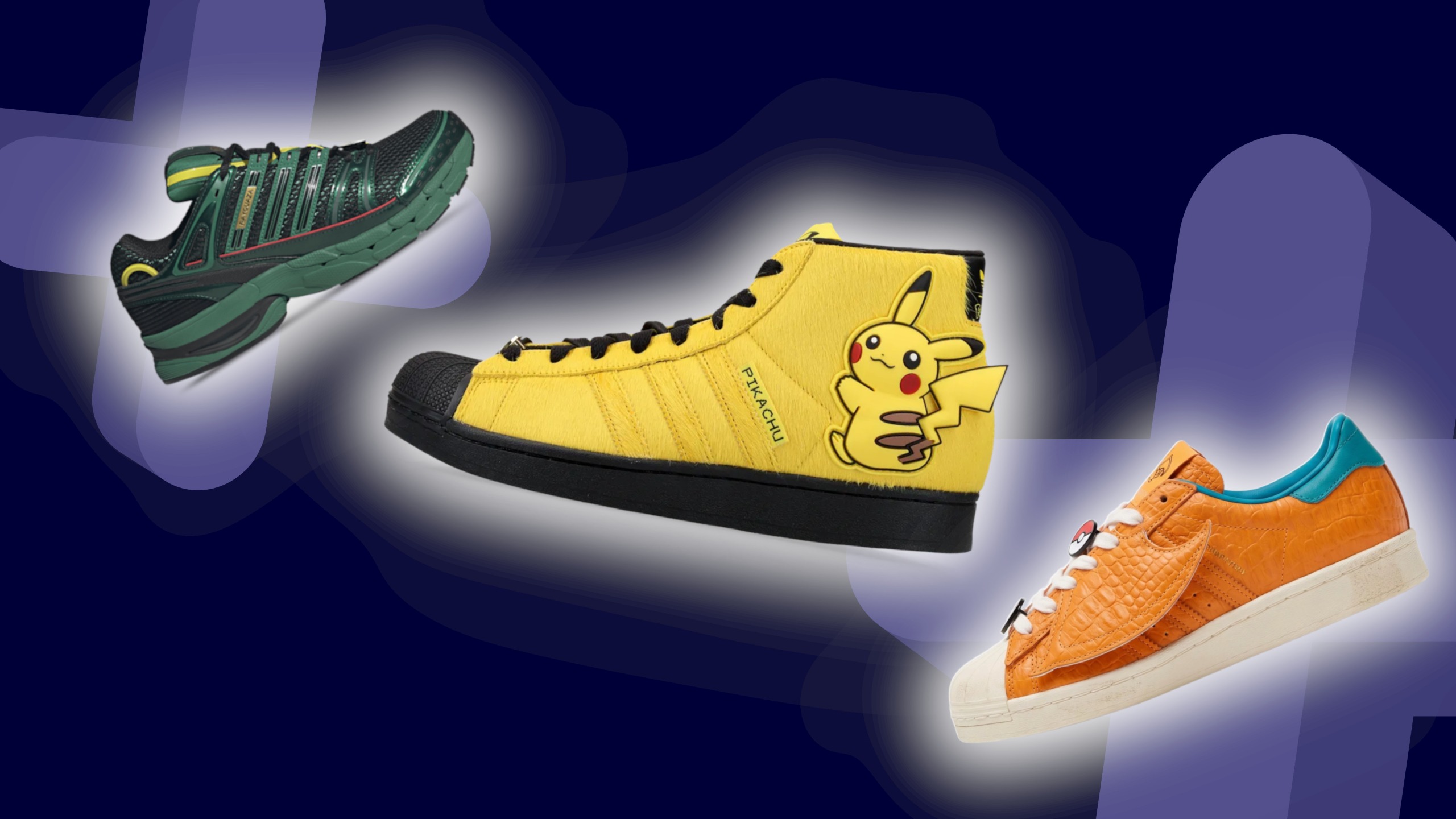 Adidas Pokemon collection sneakers on a dark blue background