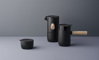 Black coffee brewing set with wooden handles