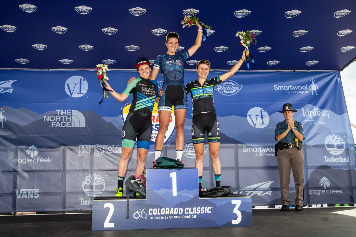 The top three on stage 1 of the Colorado Classic on August 22, 2019 in Steamboat Springs, Colorado.