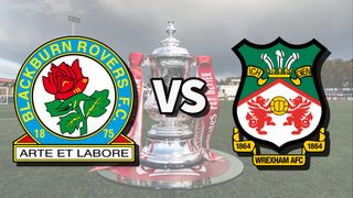 Blackburn vs Wrexham football club logos over an image of the FA Cup Trophy