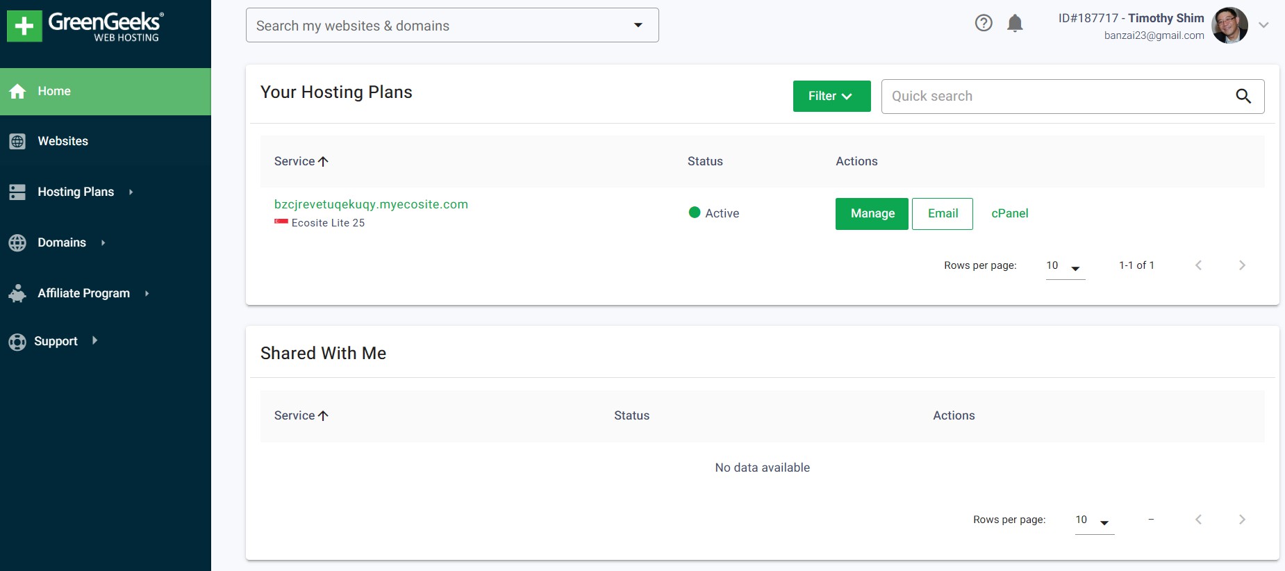 screenshot of GreenGeeks customer dashboard