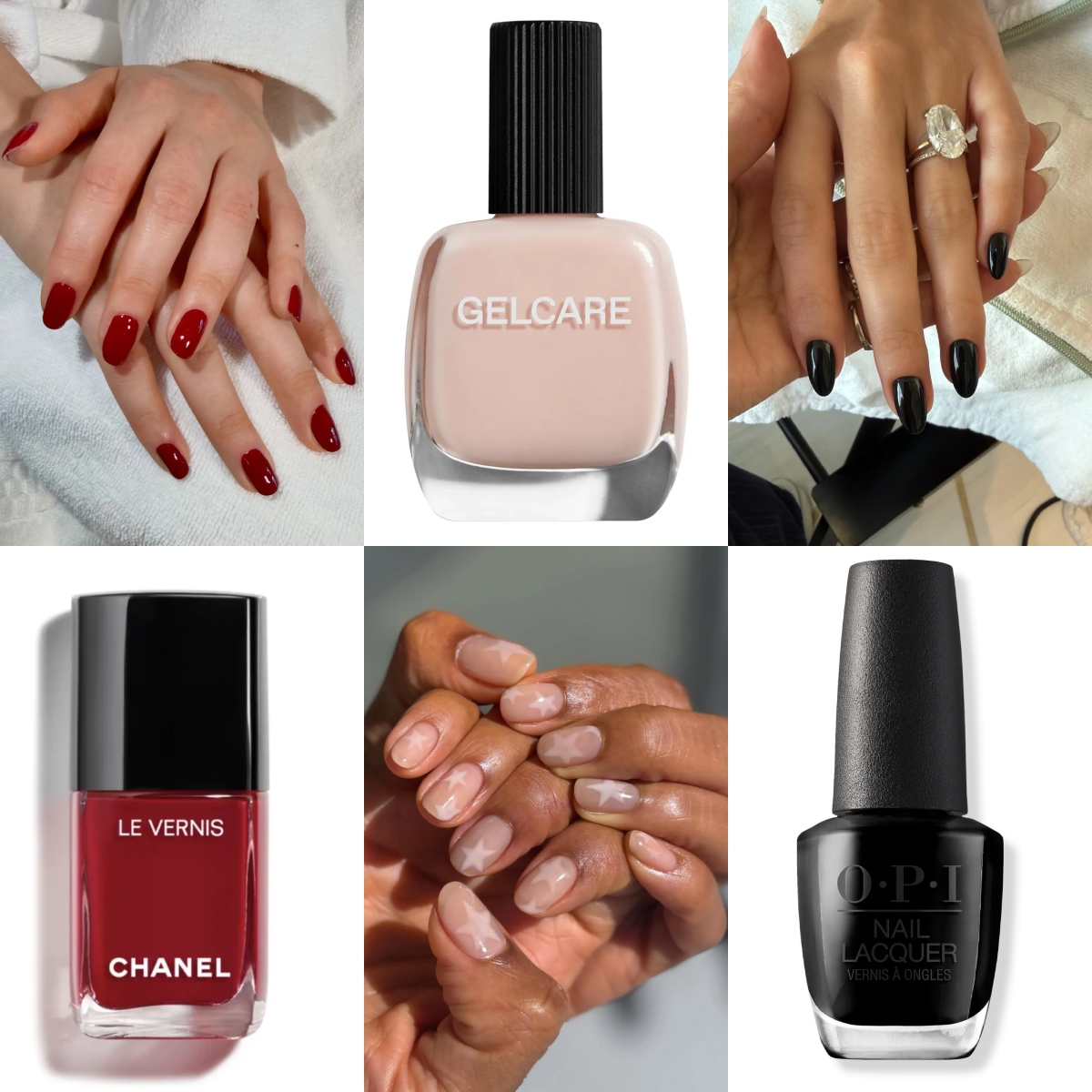 celebrity nail looks with glossy red nails black almond manicures and sheer pink star nail art alongside chanel opi and gelcare nail polishes