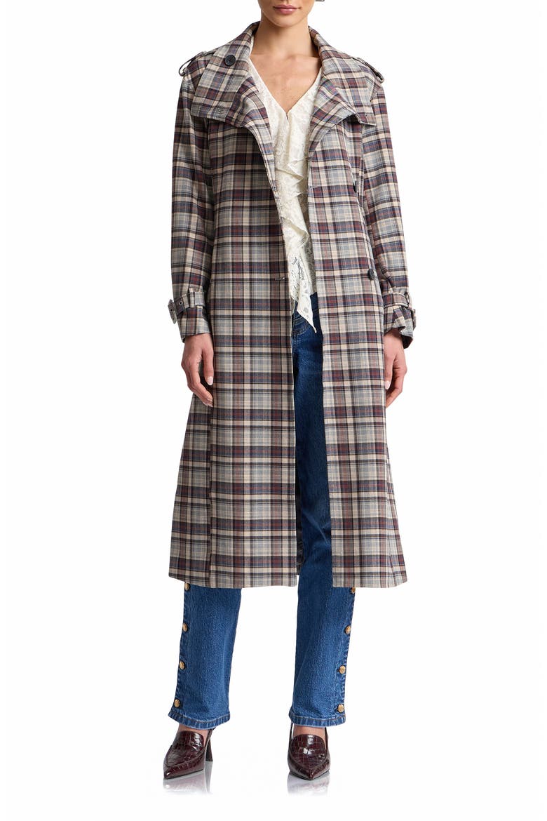 Plaid Relaxed Belted Funnel Neck Coat