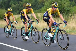 SAINT CHRISTO EN JAREZ FRANCE AUGUST 12 Primoz Roglic of Slovenia and Team Jumbo Visma Tom Dumoulin of The Netherlands and Team Jumbo Visma Sepp Kuss of The United States and Team Jumbo Visma during the 72nd Criterium du Dauphine 2020 Stage 1 a 2185km stage from Clermont Ferrand to Saint Christo en Jarez 752m dauphine Dauphin on August 12 2020 in Saint Christo en Jarez France Photo by Justin SetterfieldGetty Images