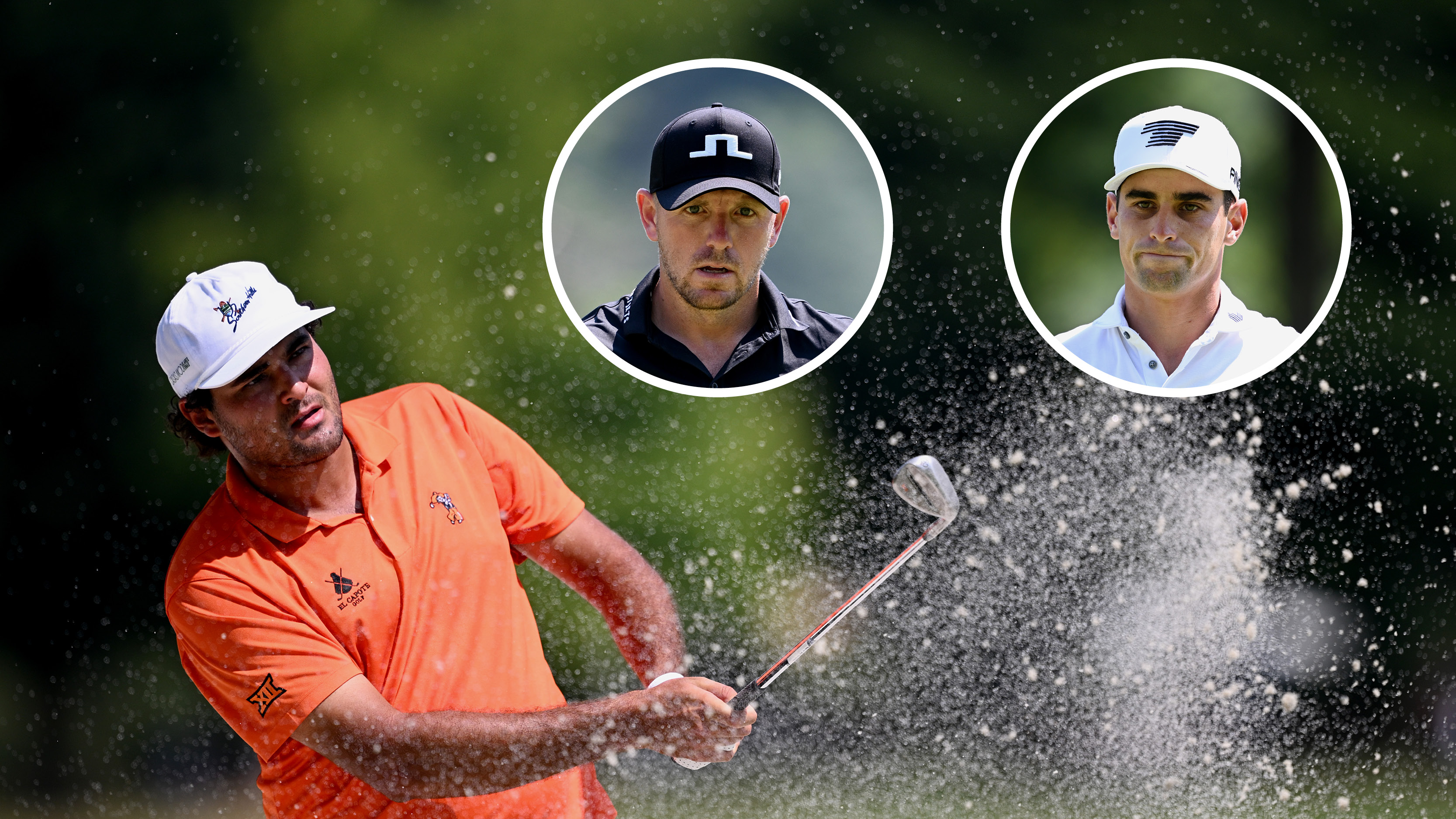 Main image of Eugenio Chacarra hitting a bunker shot with inset headshots of Matt Wallace (upper middle) and Joaquin Niemann (top right)