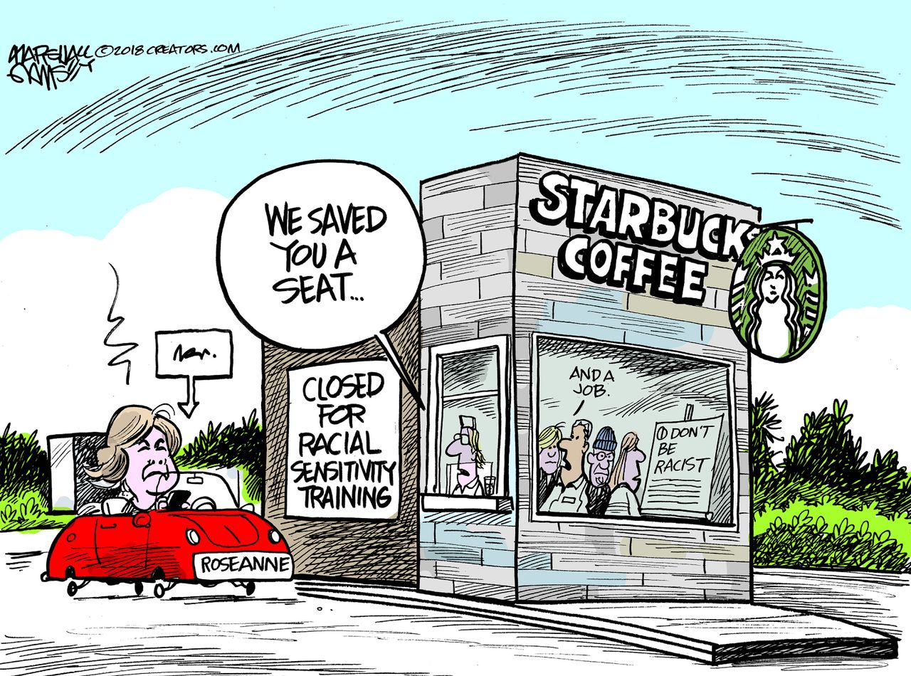 Political cartoon US Roseanne Barr racism Starbucks anti bias training