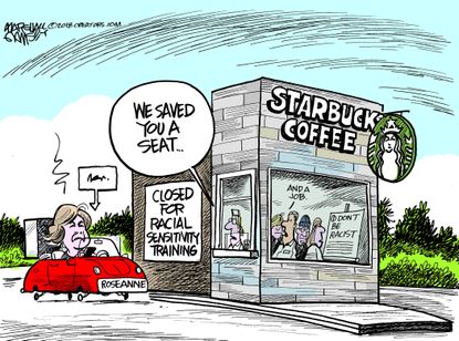 Political cartoon US Roseanne Barr racism Starbucks anti bias training