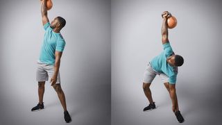 Man demonstrates two positions of the kettlebell windmill exercise