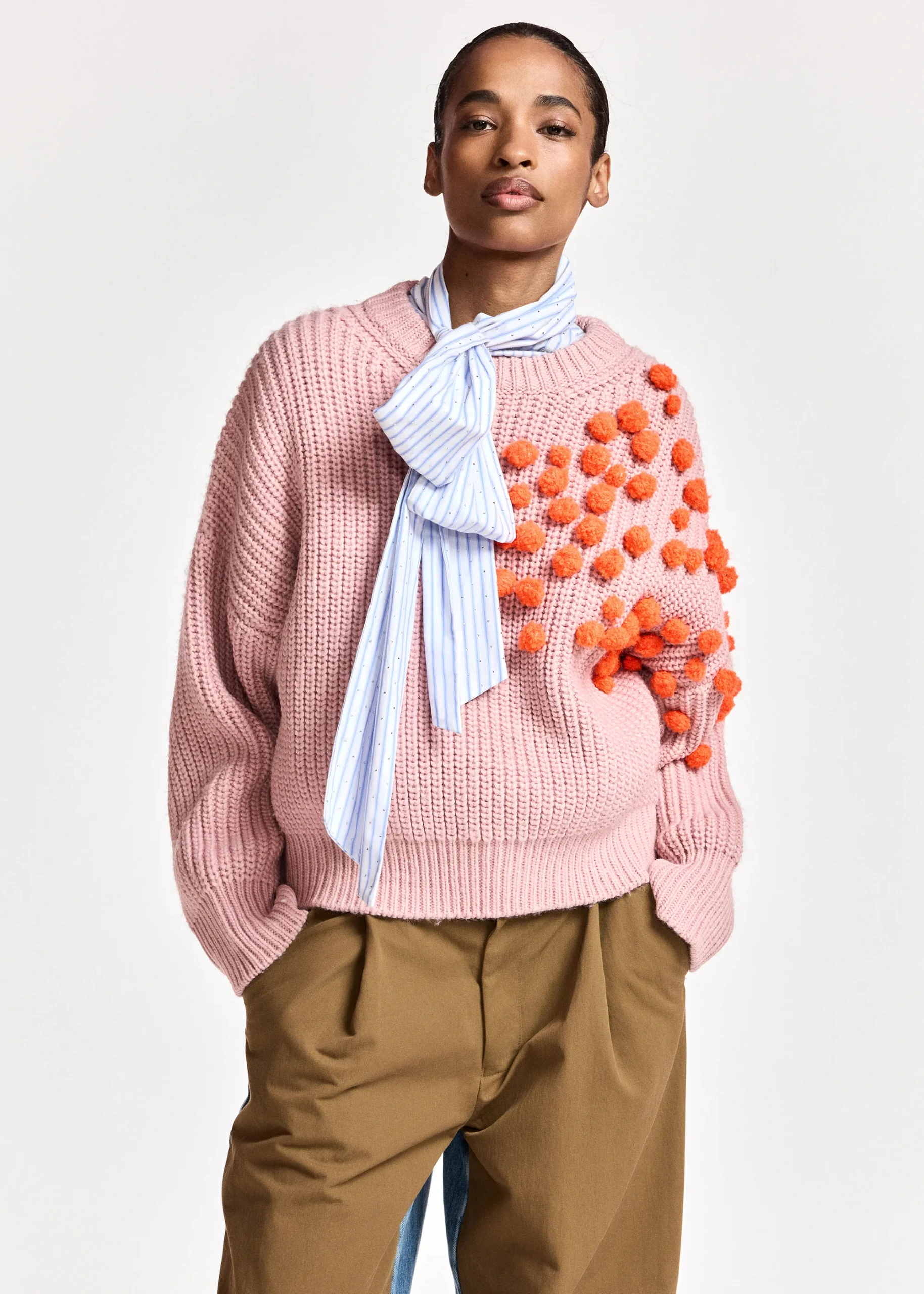 Vintage Pink and Orange Pompon-Embellished Knitted Sweater