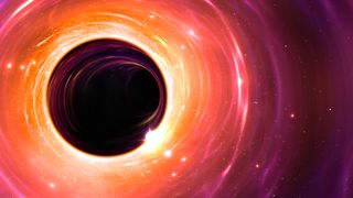 An artist's impression of a black hole surrounded by stars and bright light