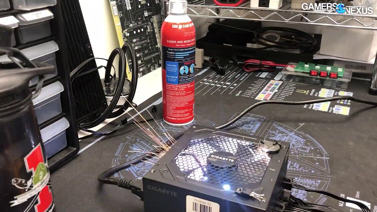 A screenshot of a gigabyte PSU failing from a Gamers Nexus video